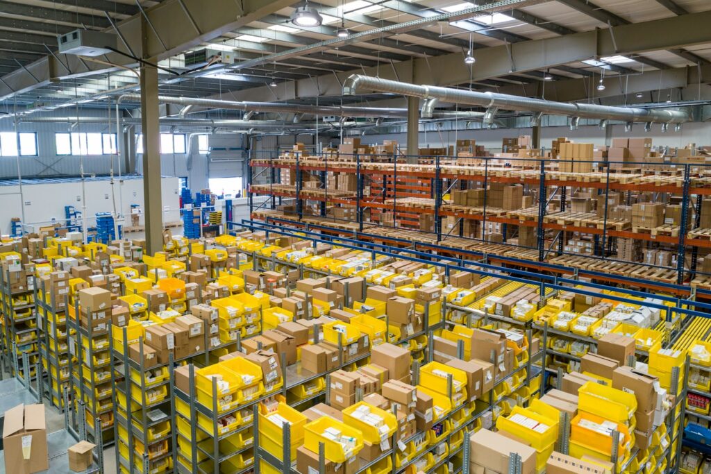 Warehouse shelves with boxes